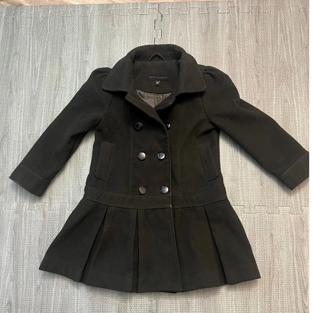 Steve Madden Girls Black Double Breasted‎ Pleated Peacoat Jacket Size 6X